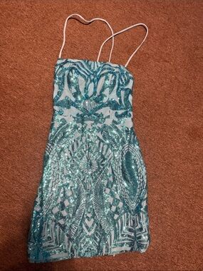 Women's Teal Sequin Spaghetti-Strap Dress